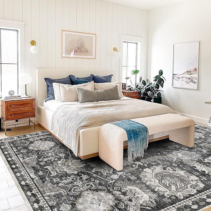 Washable Area Rugs - Perfect for Living Room, Bedroom, Kids Room, Nursery - Stain & Water Resistant Non-Slip, Pet & Child Friendly, Vintage Tribal Area Rugs (Grey, 6' x 9')