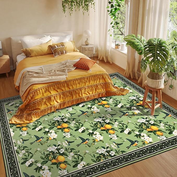 ASPMIZ Vintage Floral Area Rug 8x10 Sage Green Large Rugs for Living Room Washable Lemon Hummingbird Throw Rugs Non Slip Foldable Soft Low Pile Floor Carpet for Bedroom Kitchen Dining Room Nursery