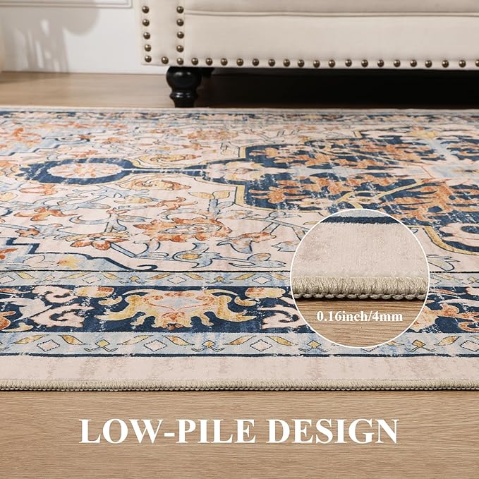 U'Artlines Boho Vintage Area Rug 5x7 Machine Washable Low Pile Soft Floor Carpet Non Slip Non Shedding Accent Rug for Living Room Bedroom Entryway Dining Room Office Orange＆Blue