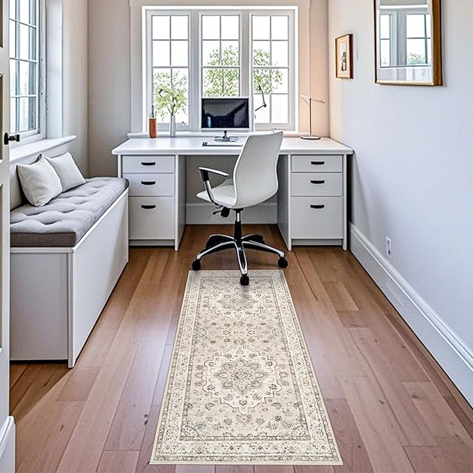 Washable Hallway 2x6 Runner Rugs: Oriental Non-Slip Kitchen Carpet Distressed Low Pile Indoor Rug for Bedroom Entryway Vintage Soft Non Shedding Floor Mat for Living Room Bathroom (2x6,Cream/Beige)