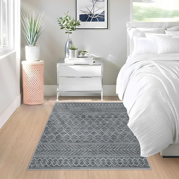 2x3 Rug Entryway Rugs: Washable Boho Small Geometric Moroccan Printed Pattern Rug Modern Indoor Soft Non Slip Ultra Thin Front Door Mat for Kitchen Bedroom (Black, 2'x3')