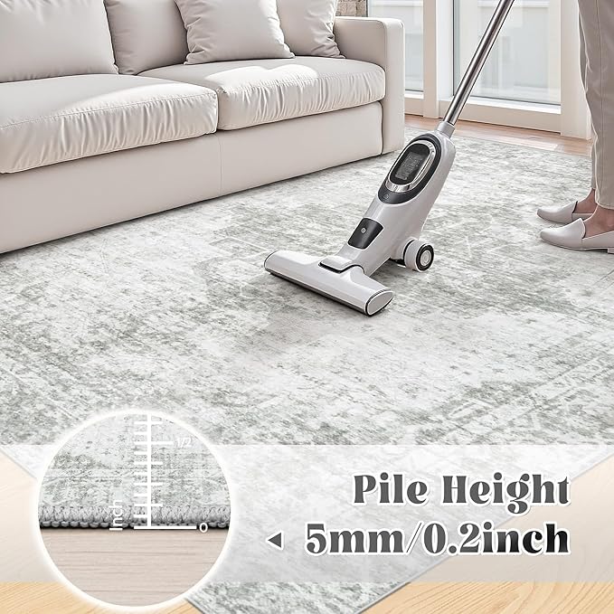 10x14 Area Rugs Washable Rug: Large Vintage Living Room Rug with Non-Slip Backing Low Pile Rugs Soft Indoor Floor Thin Carpet Neutral Carpets for Bedroom Dining Room Farmhouse Nursery Gray/Ivory