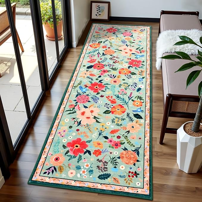 2x6 Floral Runner Rug, Flowers Printed Washable Rugs with Non Slip Backing for Girls Bedroom Kitchen Hallway, Cute Carpet Runners Home Aesthetic Decor, Light Green