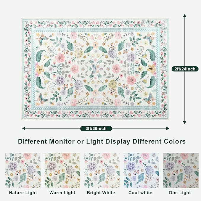 Terrug 2x3 Green Floral Area Rug for Entryway,Boho Machine Washable Throw Rugs with Non-Slip Blacking for Kitchen,Small Flower Carpet for Bedroom Front Door Laundry Floor Decor