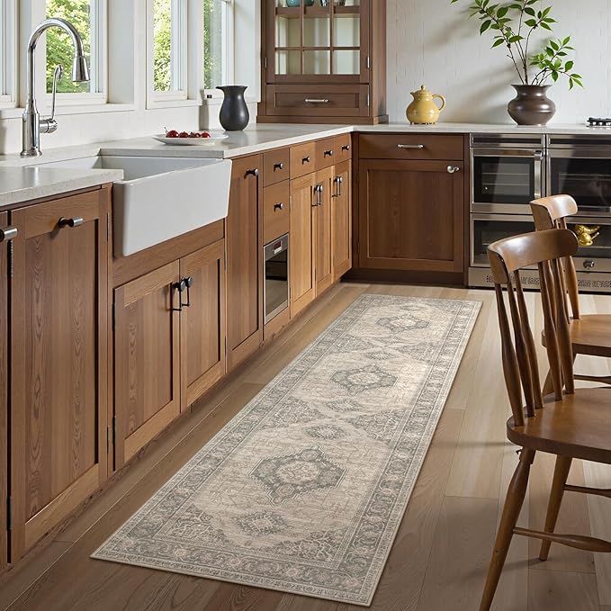 Lahome Oriental Hallway Runner Rug Non Slip, 2.5x8 Kitchen Washable Runner Soft Hallway Rug, Traditional Ultra-Thin Carpet for Bathroom Entryway ‎Laundry Room, Grey/Brown