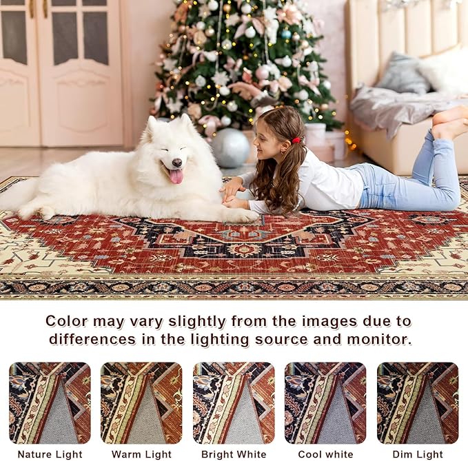 6x9 Orange Red Area Rug for Living Room, Machine Washable Rugs with Non-Slip Backing for Bedroom, Vintage Medallion Carpet Dining Room Office Kids Room Decor