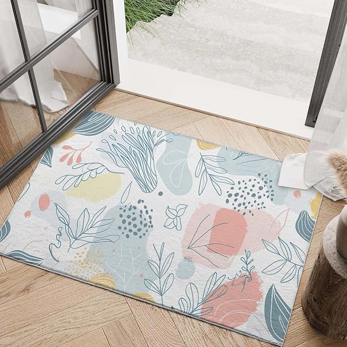 2x3 Entryway Rug Boho Minimalist Botanical Leaf Small Area Rug Thin Carpet Bathroom Non Slip Indoor Entrance Low Pile Door Mat Kitchen Stain Resistant Washable Machine
