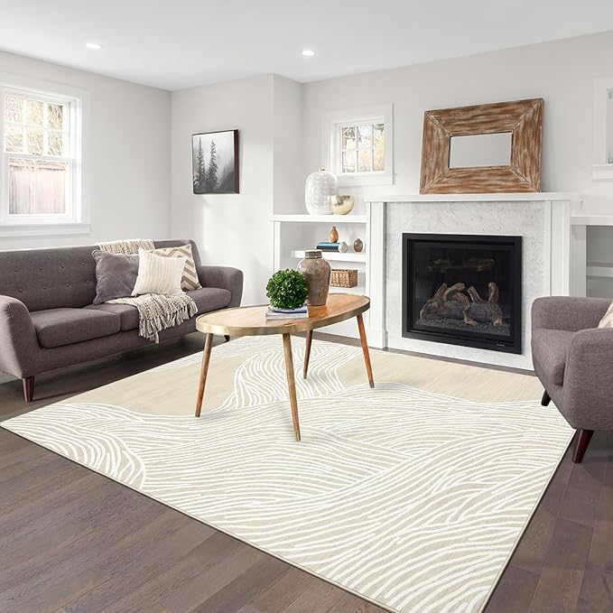 Large Area Rug 9x12 Rugs for Living Room Washable Rug Non Slip Modern Abstract Rug Low Pile Foldable Thin Rug Soft Indoor Non-Shedding Carpet for Bedroom Nursery Home Office Beige/White