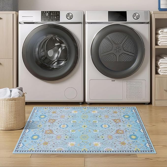 Syalife 2x3 Area Rugs, Non Slip Washable Small Rugs for Entryway, Kitchen, Bathroom, Kids Room, Low Pile Entry Throw Rug Indoor Front Door Mat (Blue Floral, 2'x3')