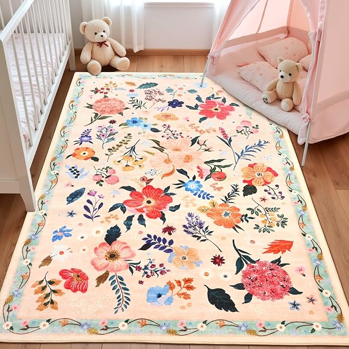 3x5 Floral Rug for Girls Bedroom, Machine Washable Area Rugs with Non Slip Backingfor Living Room, Cute Flowers Carpet Kitchen Dining Room Kids Playroom Decor, Peach White