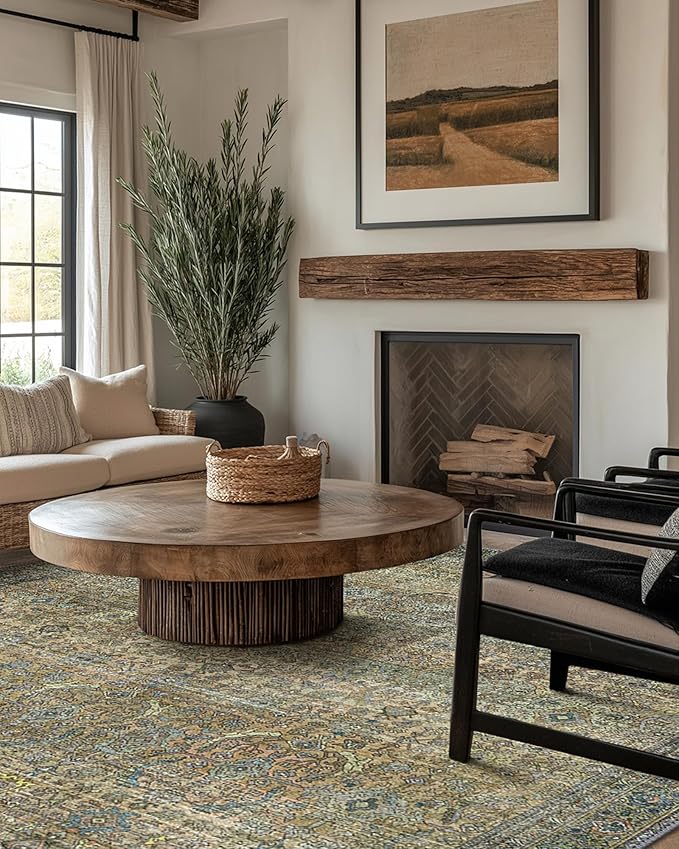 10X12 Area Rugs Machine Washable Rugs for Living Room, Vintage Boho Large Rugs for Bedroom Dining Room, Non Slip Indoor Soft Distressed Lightweight Thin Low Pile Carpet, Vintage Sunset