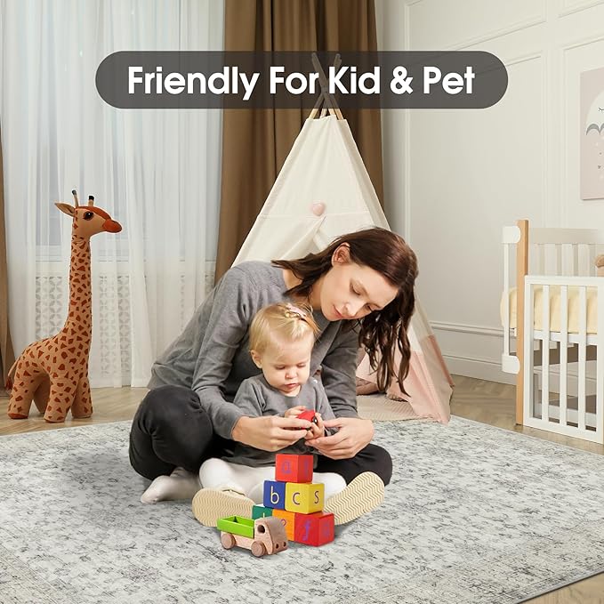 5x7 Area Rug Washable Rug, Soft Vintage Living Room Rug with Anti-Skid Backing Stain Resistant Thin Indoor Carpet Large Area Rug for Bedroom Under Dining Room Table Nursery Entryway-Light Gray