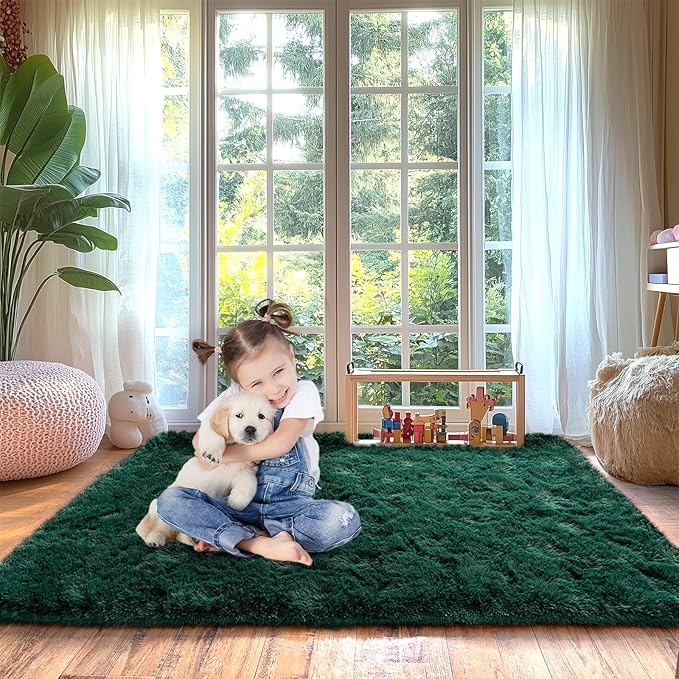 Green Fluffy Rug for Bedroom 2x3 ft - Ultra Soft & Non Slip Shaggy Area Rug, Comfy Durable Carpet for Living Room Kids Room Teens Dorm Home Decor, 1.7'' Thick Indoor Plush Carpets