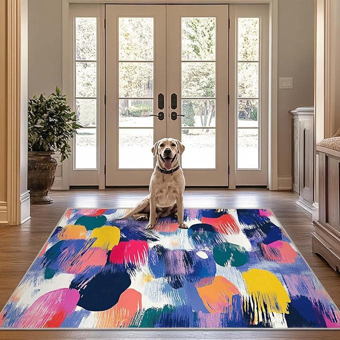 4x6 Rug Abstract Colorful Area Rug Bedroom Ultra-Thin Soft Low Pile Large Carpet Living Room Non Slip Dining Room Office Stain Resistant Washable Machine
