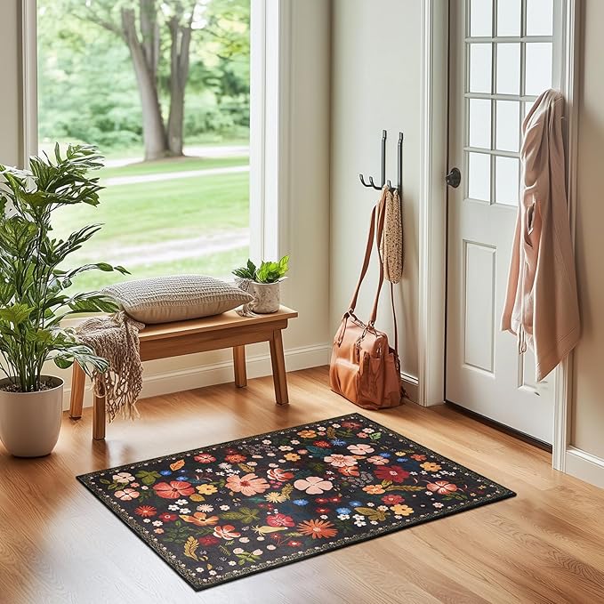 2x3 Rug Front Door Indoor Entrance Boho Vintage Floral Pattern Black Faux Wool Throw Rugs with Rubber Backing Washable Non Slip Stain Resistant Doormat Small Area Rugs for Entryway Kitchen Laundry
