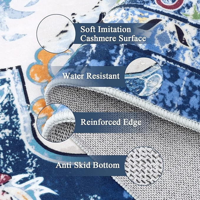 U'Artlines Boho Vintage Area Rug 5x7 Machine Washable Low Pile Soft Floor Carpet Non Slip Non Shedding Accent Rug for Living Room Bedroom Entryway Dining Room Office Blue