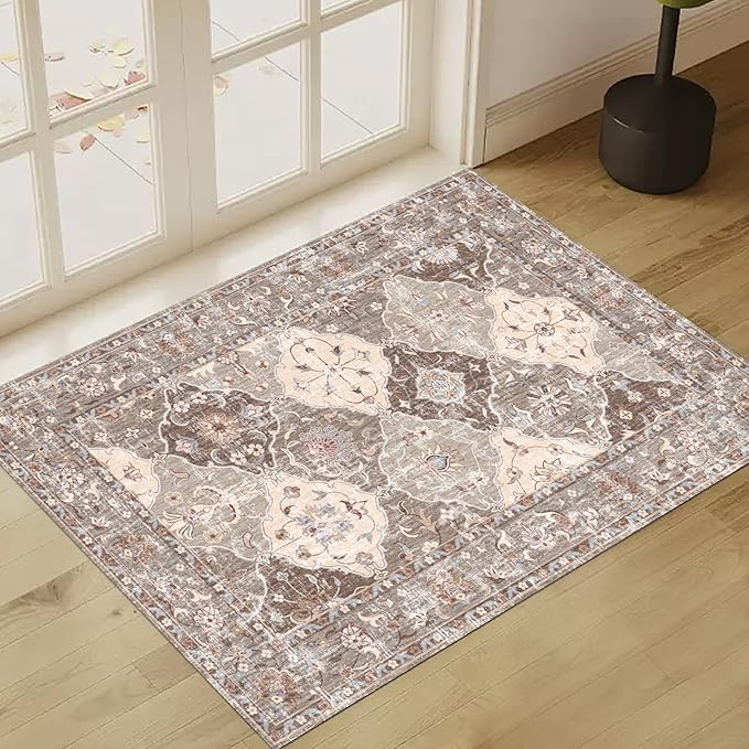 Washable Boho Vintage Area Rugs 2×3 Non-Slip Traditional Brown Area Rug Doormat for Bathroom Kitchen Entryway