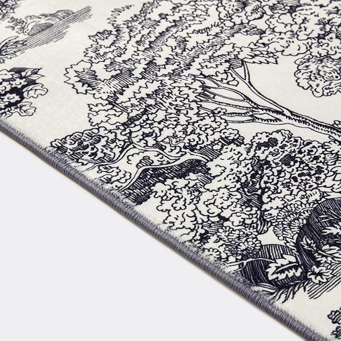 Vintage Forest Rug Washable, Black White Aesthetic Nature Woodland Living Room Rug, Country Rustic Neutral Cool Plants Botanical 5x7 Area Rugs Accent Carpet for Kitchen Dining Room Entryway
