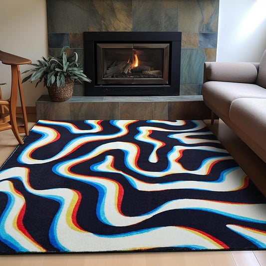 Trippy Abstract 6x9 Area Rug Soft Thin Funky Aesthetic Wavy Stripes Geometry Swirl Living Room Rug Colorful Black White, Retro Cool Washable Carpet for Kitchen Entryway Bedroom Dorm