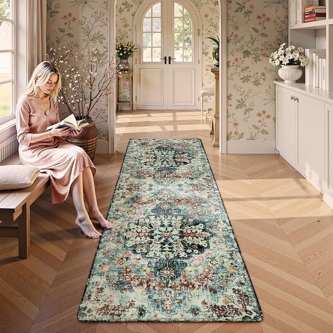 Lahome Bohemian Floral Medallion Runner Rug - 2'8" x 8' Washable Hallway Rug Runner Non Slip Kitchen Carpet Runner, Turkish Soft Pet Friendly Stair Mat for Bathroom Laundry Room Sunroom, Teal
