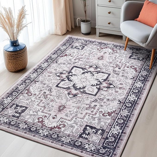 3x5 Area Rug, Vintage Floral Rug for Living Room, Small Area Rugs for Bedroom, Non-Slip Washable Rug, Traditional Persian Boho Style, Fluffy Low-Pile Soft Carpet, Black and Pink