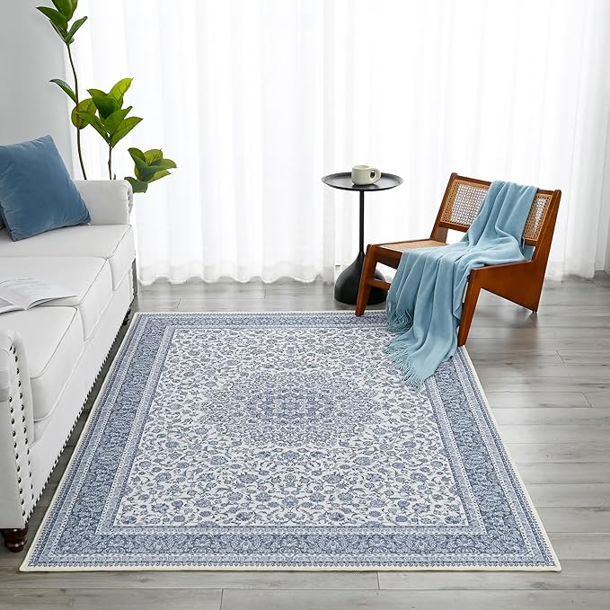 Floral Washable Area Rug 4x6, Spill-Proof Surface, Non-Slip Backing, Cozy Soft Faux Wool, Printed Rug for Entryway, Living Room, Bedroom- Ieve