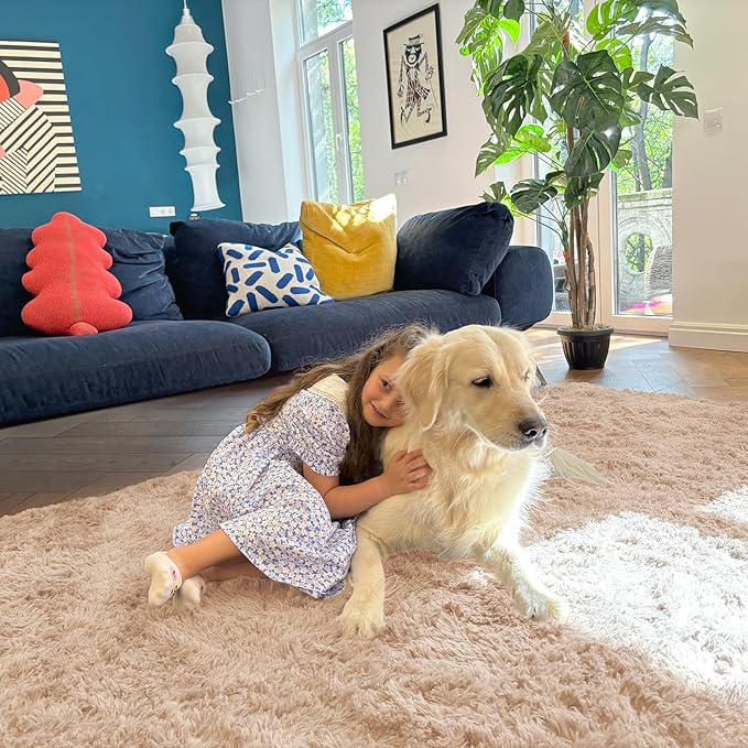 OLANLY Area Rugs for Living Room Bedroom, Machine Washable 4x5.9 Feet Soft Fluffy Shaggy Bedside Rug, Indoor Floor Carpet for Kids Girls and Boys, Dorms, Nursery Rooms, Home Decor Aesthetic, Beige