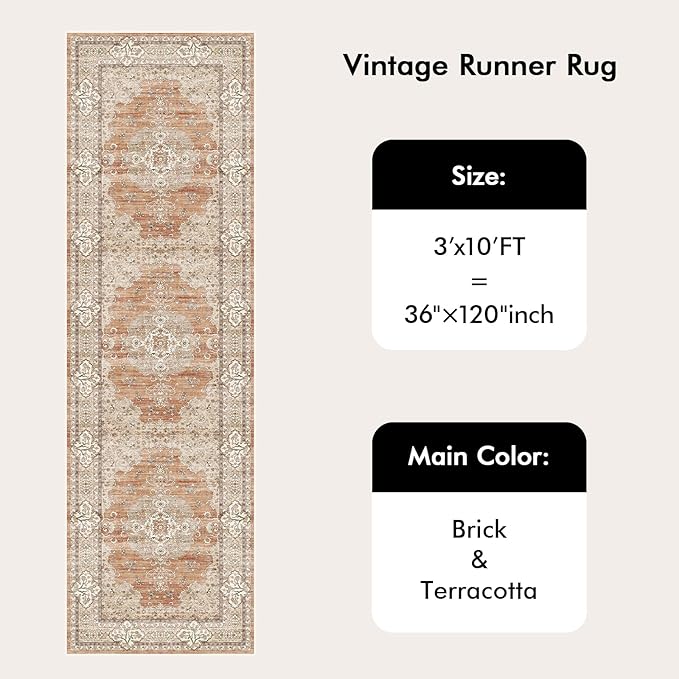 3x10 Runner Rug for Hallway Washable: Non Slip Kitchen Rugs with Rubber Backing Soft Waterproof Mats Stain Resistant Indoor Vintage Carpet Runner for Bedroom Bathroom Laundry Entryway Brick/Terracotta