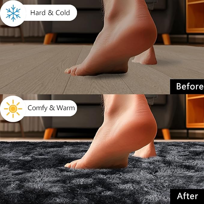 6x9 Fluffy Shag Area Rugs for Living Room, Soft Cozy Large Fuzzy Shaggy Carpet for Boys Girls Kids Bedroom, Non-Slip & High Pile, Modern Indoor Floor Plush Thick Rug, Tie-dye Dark Grey