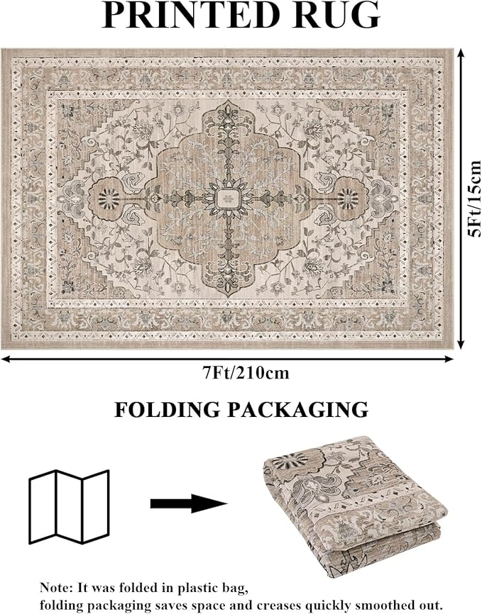 U'Artlines Boho Vintage Area Rug 5x7 Machine Washable Low Pile Soft Floor Carpet Non Slip Non Shedding Accent Rug for Living Room Bedroom Entryway Dining Room Office Beige＆Brown
