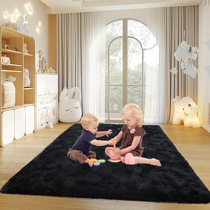 5x7 Rugs for Living Room, Black Large Fluffy Area Rugs for Bedroom, Soft Carpet Shag Kids Rug with 4 Non-Slip Rug Pads(5ft x 7ft, Black)
