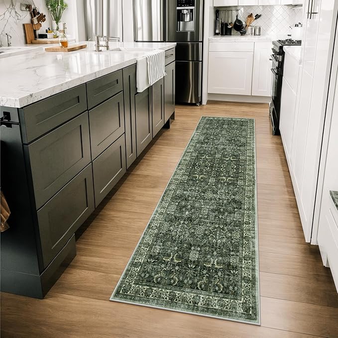 Anidaroel Washable Runner Rug 2.5x8, Green Kitchen Runner Rugs Non Skid Washable 8ft, Vintage Boho Long Hallway Runners Rug, Distressed Soft Bathroom Runner for Laundry Room