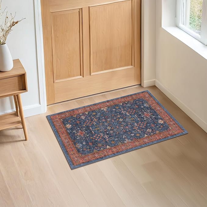 Washable 2x3 Entry Rug Front Door Indoor, Farmhouse Small Area Rugs for Kitchen, Bathroom, Entrance, Non Slip Rubber Backed, Perfect for Boho Décor (2x3 Navy Blue)