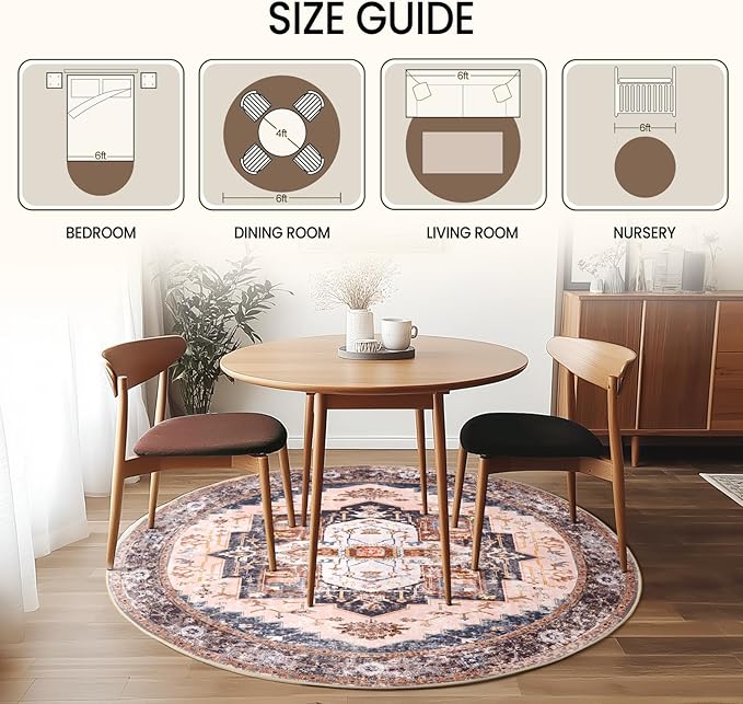 Washable 6ft Area Rugs, Rugs for Living Room, Low-Pile Water&Stain Resistant Carpet Vintage Distressed Printed Non-Slip Carpet for Bedroom Bathroom Kitchen-Pink/Brown/Navy Blue/Black