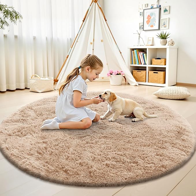 OLANLY Beige Round Rugs for Bedroom - Machine Washable, 9x9 Feet Circle Area Rugs for Living Room, Soft and Fluffy Shaggy Carpet for Teen Girls and Boys, Nursery Rooms, Dorms, Home Decor Aesthetic