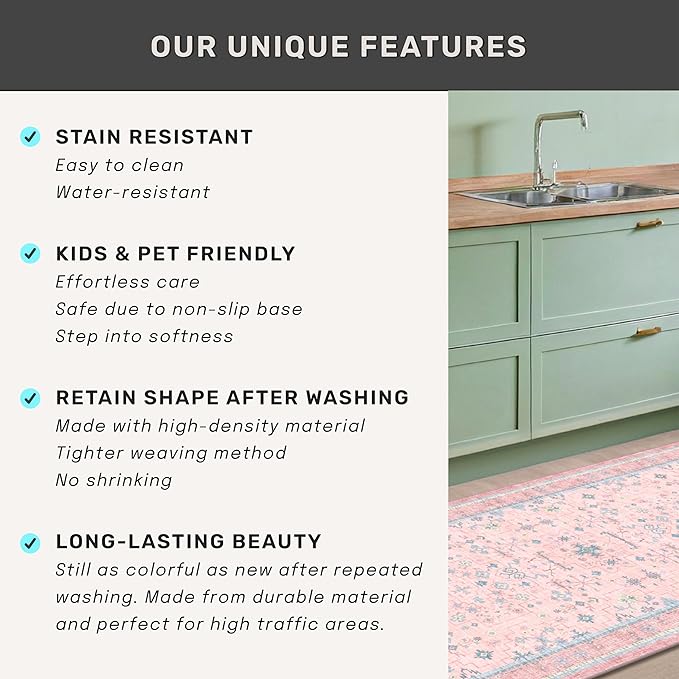 Washable Pink Nursery Rug, 3x5 Area Rugs for Entryway, Kitchen, Bedroom - Boho Modern Floral Distressed Oushak Design, Soft Faux Wool Low Pile Non Slip Stain Resistance Carpet