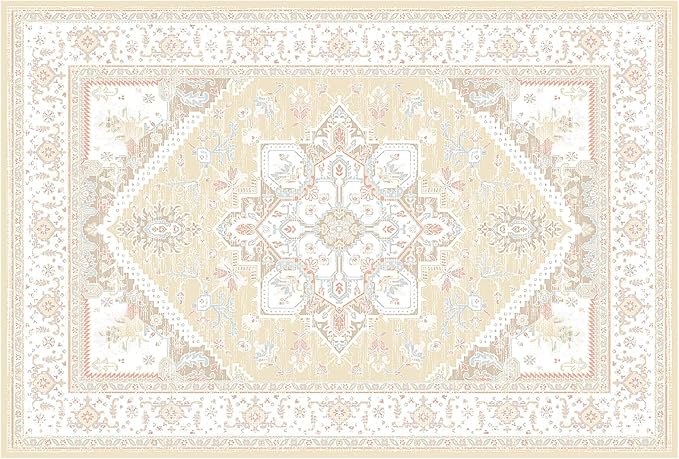 BESTSWEETIE 5x7 Area Rugs for Living Room Washable Non Slip Carpet Low Pile Soft Vintage Print Pattern Rug for Bedroom Dining Room Kitchen Entryway Indoor-Cream/Light Yellow/Brown/Blue/Red/Pink