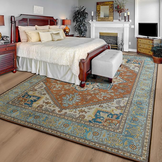 YJ.GWL Large Area Rug for Living Room, 5x7 Machine Washable Boho Rug for Bedroom, Low Pile Lightweight Thin Rugs Floral Vintage Distress Print Pattern Carpet for Dining Room, Brick/Multi