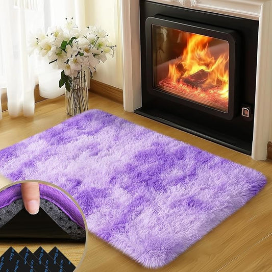 2x3 Rugs for Bedroom, Fluffy Area Rugs for Living Room, Soft Shag Kids Rug Small Carpet with 4 Non-Slip Rug Pads (Purple TieDyed, 2ft x 3ft)