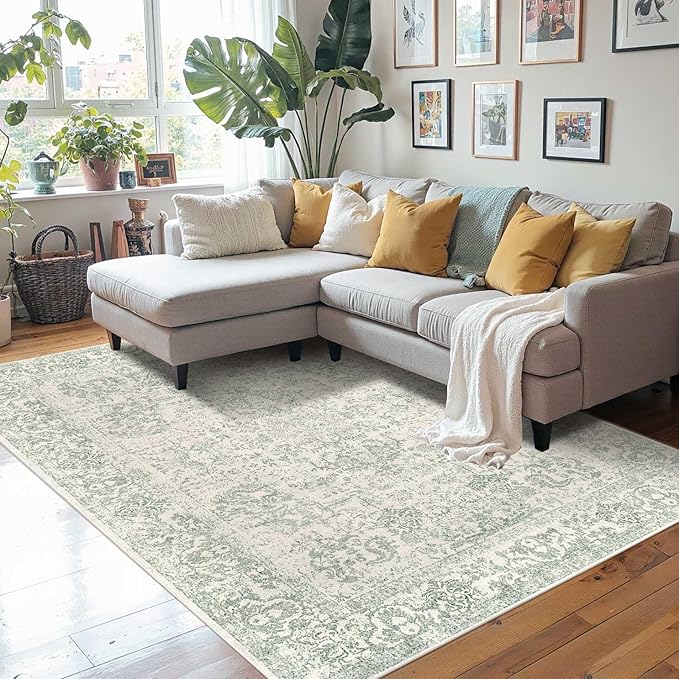 4x6 Washable Area Rug for Living Room, Vintage Boho Rugs for Office, Dining Room, Kids Room, Farmhouse, Durable Low Pile Non Slip Carpet for High Traffic Areas, Light Green