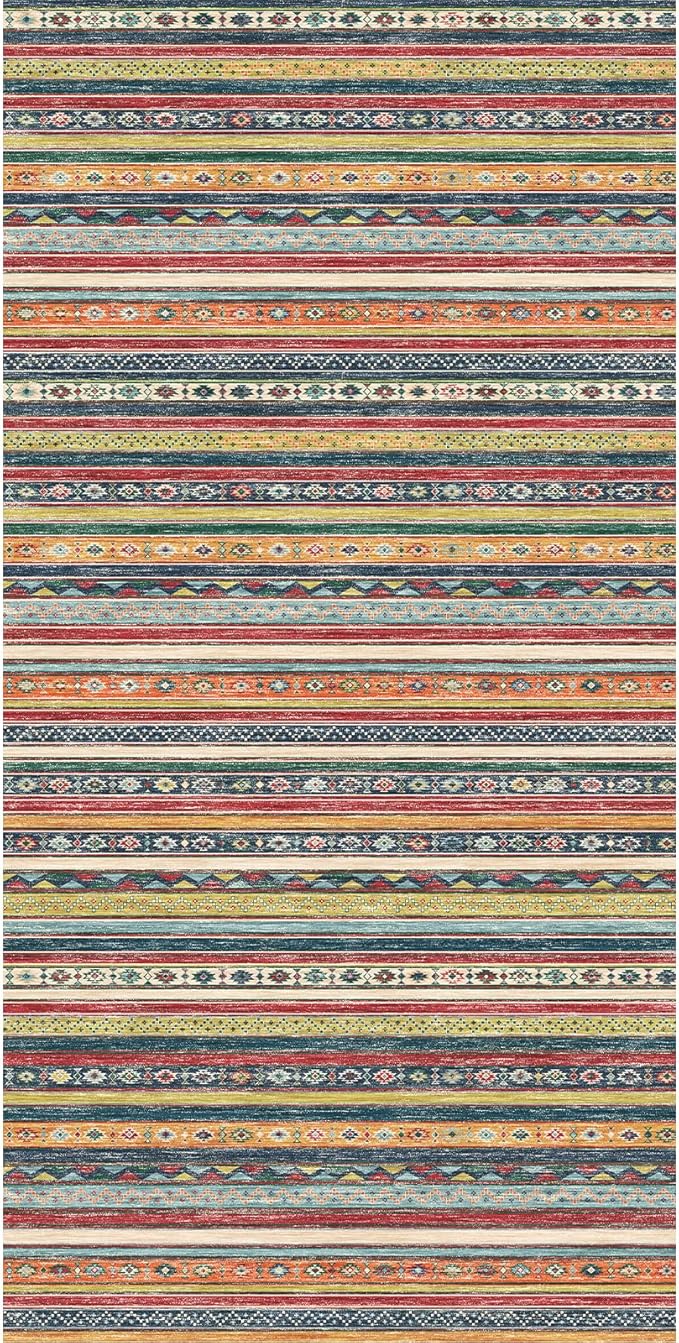 4x8 Rug Washable Indoor: Non-Slip Southwestern Striped Carpet for Kitchen Hallway Entry - Farmhouse Low Pile Stain Resistant Long Thin Front Door Mat 4x8 Red/Blue/Multi