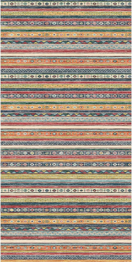 4x8 Rug Washable Indoor: Non-Slip Southwestern Striped Carpet for Kitchen Hallway Entry - Farmhouse Low Pile Stain Resistant Long Thin Front Door Mat 4x8 Red/Blue/Multi