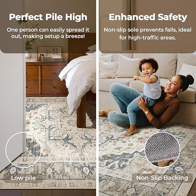 Kokia Washable Area Rugs 9x12 Living Room Boho Non Slip Thin Carpet Stain Resistant Vintage Linen Printed Oriental Distressed Rug for Bedroom Low Pile