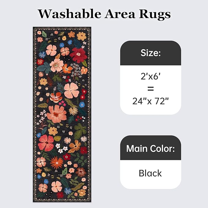 2x6 Rug Runners for Hallways Non Slip Washable Runner Rug with Rubber Backing Sound Absorbing Vintage Boho Floral Low Pile Thin Rug for Kitchen Bedroom Entrance Laundry Bathroom Living Room,Black
