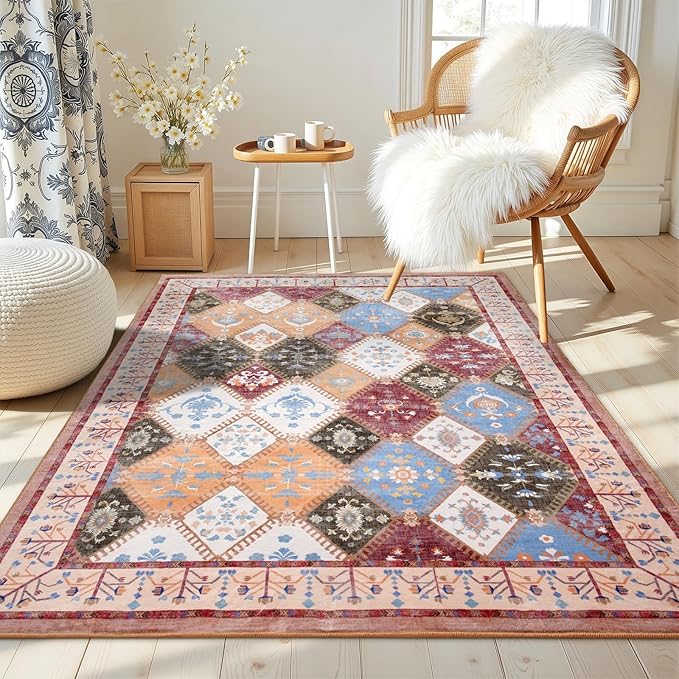 4x6 Washable Area Rug for Bedroom, Boho Non-Slip Living Room Rugs, Moroccan Floral Trellis Carpet Soft Low Pile Accent Indoor Mat for Bedside Kitchen Laundry Room, Brown