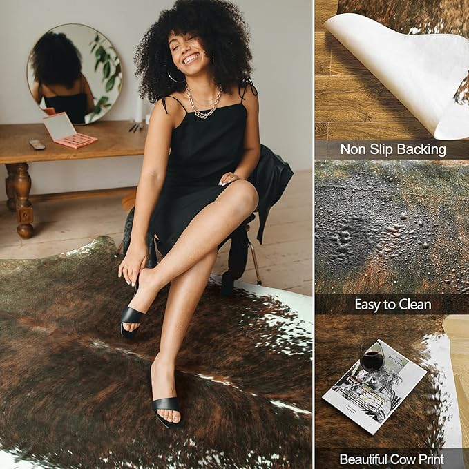 AROGAN Premium Faux Cowhide Rug 2.3 x 3.6 Feet, Sturdy and Large Size Cow Print Rugs, Suitable for Bedroom Living Room Western Decor, Faux Fur Animal Cow Hide Carpet, Saddle Brown