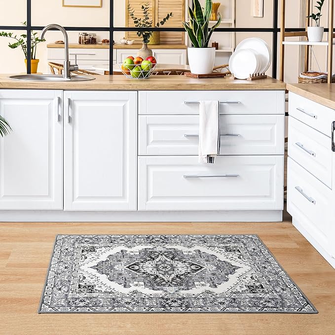 Noahas Front Door Mat Indoor Outdoor Entrance,2x3 Small Grey and Blue Area Rugs Vintage Machine Washable Rugs Non-Slip Low Pile Carpets for Entryway Bathroom Kitchen Bedroom Laundry Room Home Decor