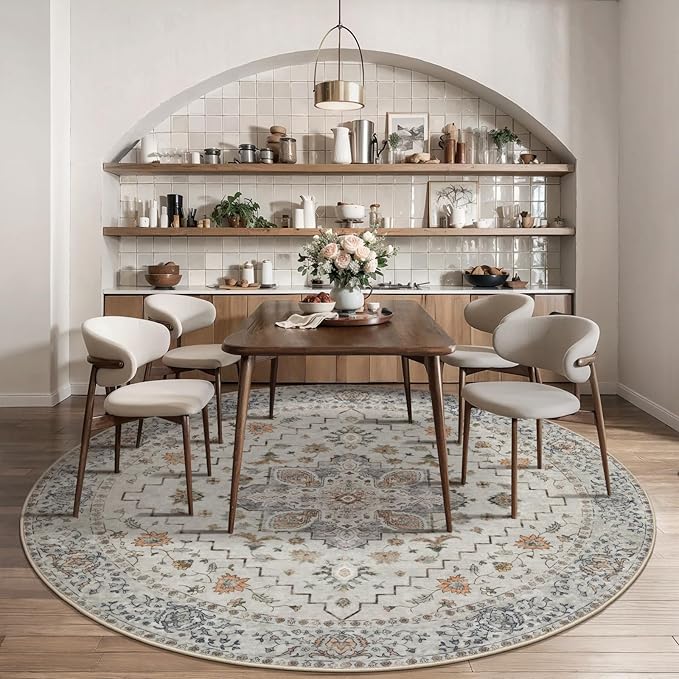 Vintage Round Rug 4ft Washable Circle Rug, Non Slip Small Boho Round Rug, Low Pile Circular Rugs, Round Carpet for Bedroom,Entryway,Nursery,Dorm,Kitchen,Taupe
