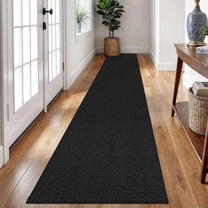 Braided Runner Rug 2x12 Ft Washable Runners for Hallways Non Slip Rubber Backed Kitchen Runners Cotton Extra Long Entryway Runner Indoor, Woven Carpet for Hall Entryway, Black/Grey