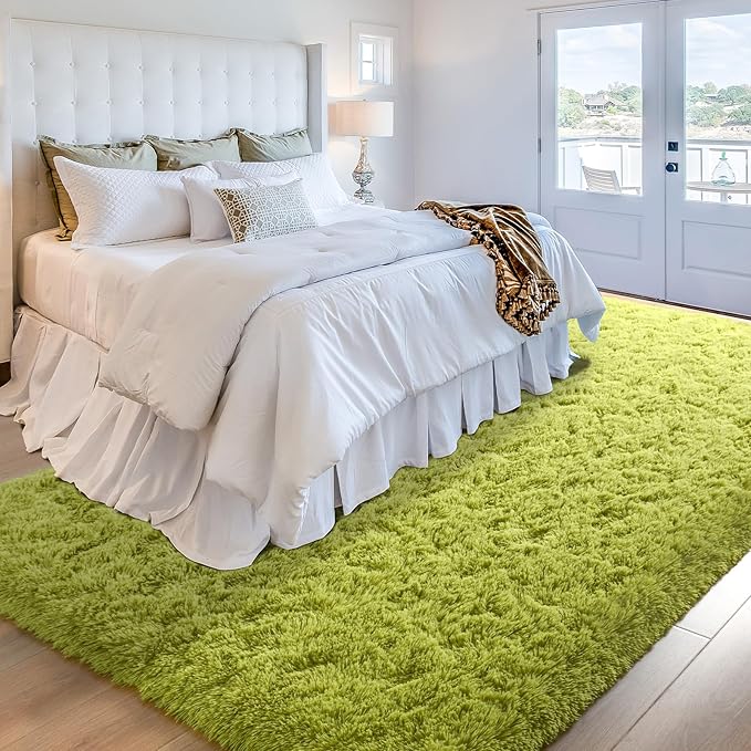 YJ.GWL Area Rugs for Living Room Bedroom, 8x10 Machine Washable Large Green Carpet, Soft Fluffy Shaggy Thick Big Shag Indoor Floor Rug for Kids Boy and Girls Room Dorm Home Decor Aesthetic